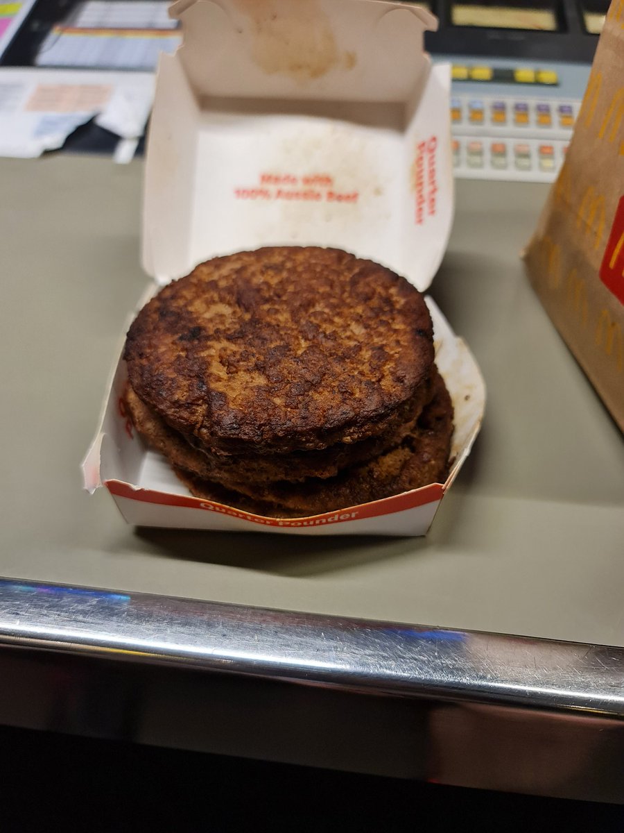 0sleep's tweet photo. @McDonalds I ordered a quarter pounder and got 5 patties... never had this happen before. https://t.co/IROId2KaJs