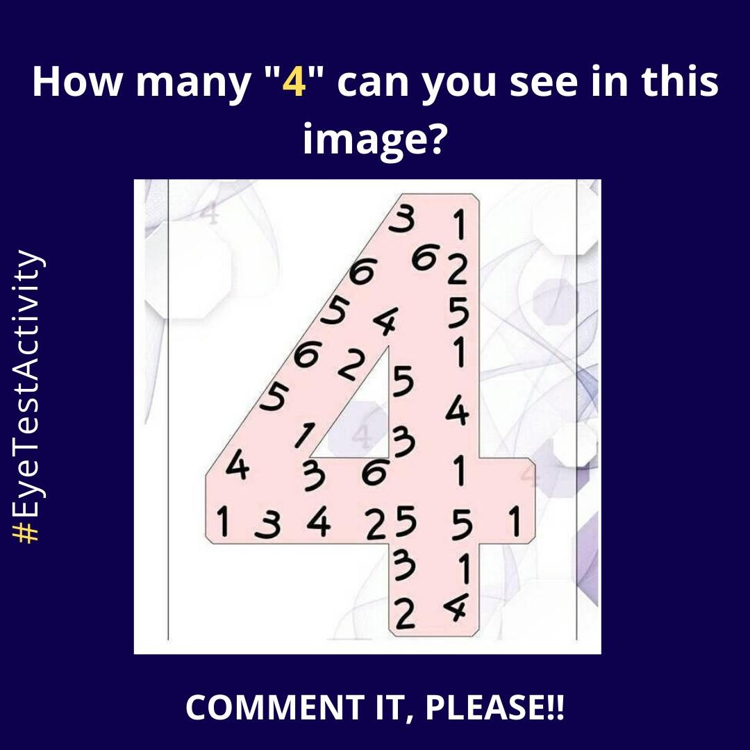 raghukamaleye's tweet image. How many &quot;4&quot; can you see in this image?
@raghukamaleye
 
👉Dr. Jenin Patel
🌐 theeyecarehospital.com
📍 Malad, Mumbai

#eyecheckup #eyetest #visiontest #visionpuzzles #eyepuzzle #puzzle  #puzzlegame #eyetestpuzzle #puzzlepictures #logicalchallenge   #jeninpatel #raghukamaleye