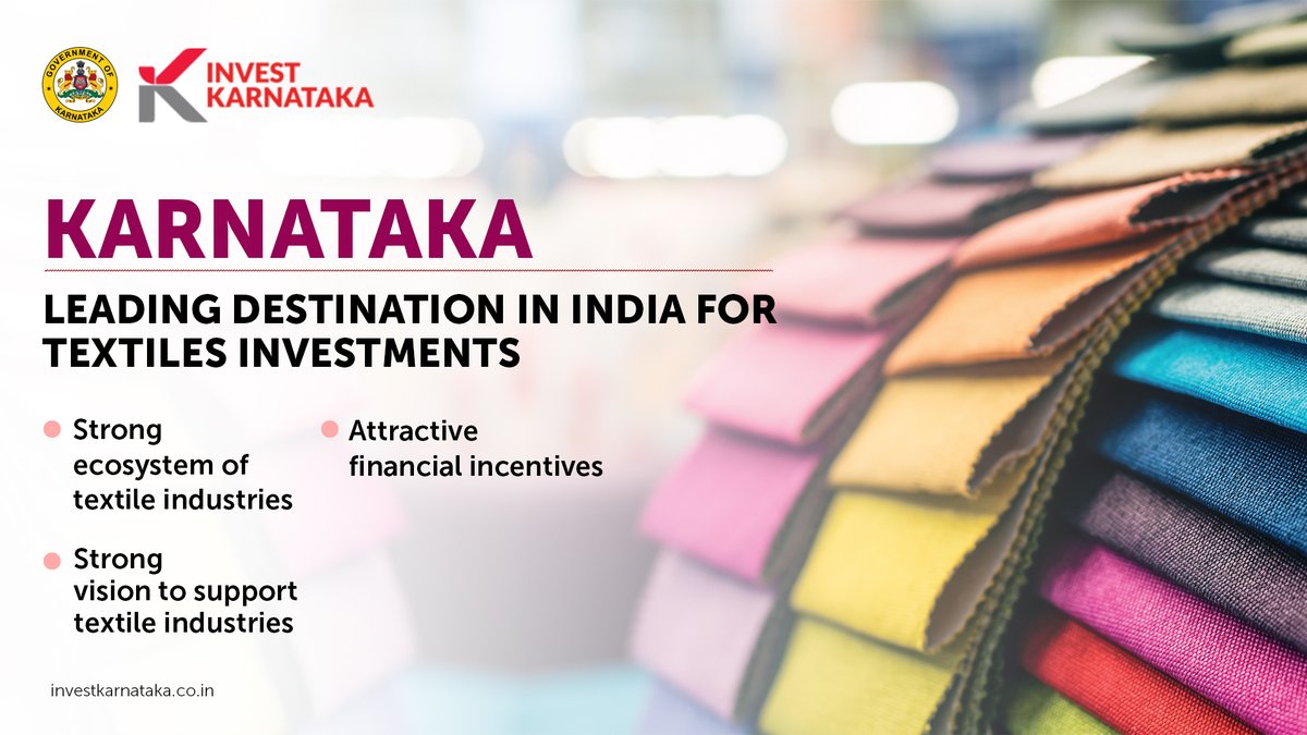 investkarnataka's tweet photo. #TextileFocus
#Karnataka is home to a robust #Textile sector with its 5 operational #textileparks, Affidavit Based Clearance system and attractive financial incentives for the industry.
--> https://t.co/8wUue08SoC
#InvestinKarnataka @NiraniMurugesh @ACSIC_GOK @CommIndustries https://t.co/Oj7Ae5ZJst