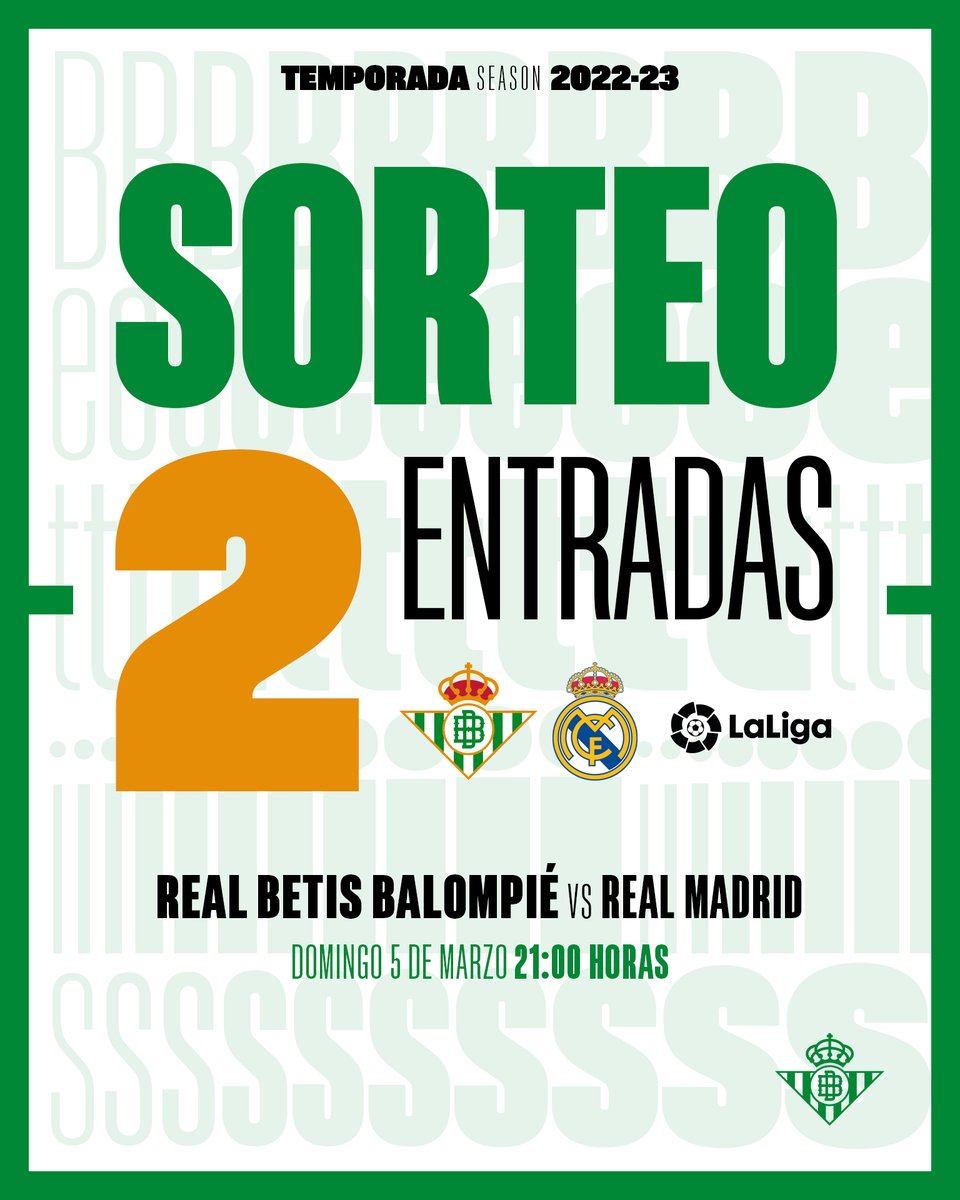 ¡ATENCIÓN! 📢

¡Sorteamos 2 entradas para el #RealBetisRealMadrid entre todos los que hagáis RT a este tuit! 🔃🎫👍