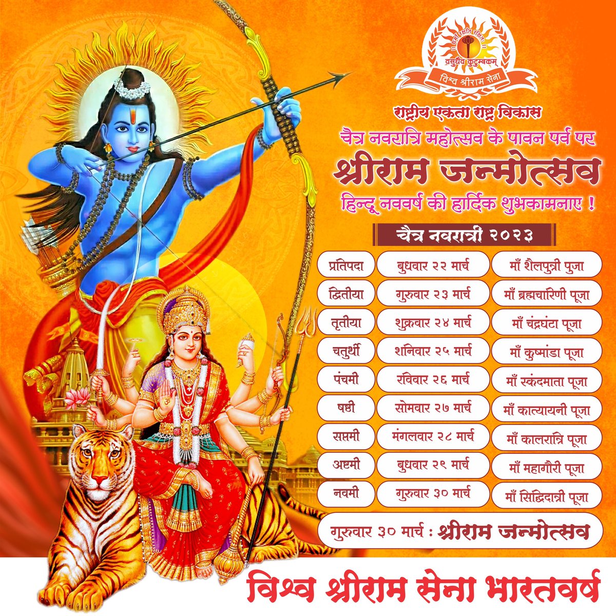 joinvssena's tweet photo. चैत्र नवरात्रि महोत्सव श्रीराम जन्मोत्सव हिन्दू नववर्ष की हार्दिक शुभ मंगलकामनाएँ एवम् अनंत बधाइयाँ ।

चैत्र नवरात्रि २०२३ के शुभ दिन व दिवस 

राष्ट्रीय एकता राष्ट्र विकास 
विश्व श्रीराम सेना समाजिक संगठन भारतवर्ष 

#chaitranavratri2023 #Ramnavami #vsrs #vsrsnews #lalbabuGupta https://t.co/5OpdgLaaXQ