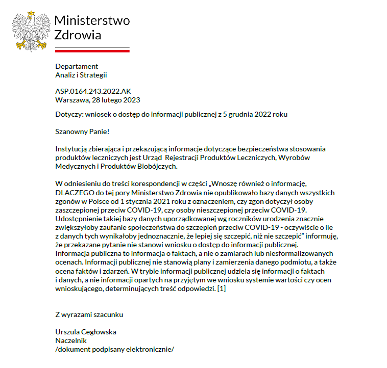 szczepienie's tweet photo. Prawie 3 miesiące się zbierali, żeby napisać, że nie wyjaśnią, dlaczego nie chcą ujawnić danych o wszystkich zgonach w Polsce wśród zaszczepionych i nieszczepionych przeciw covid-19, bo im się nie chce...🤔 https://t.co/V9vr56viGu
