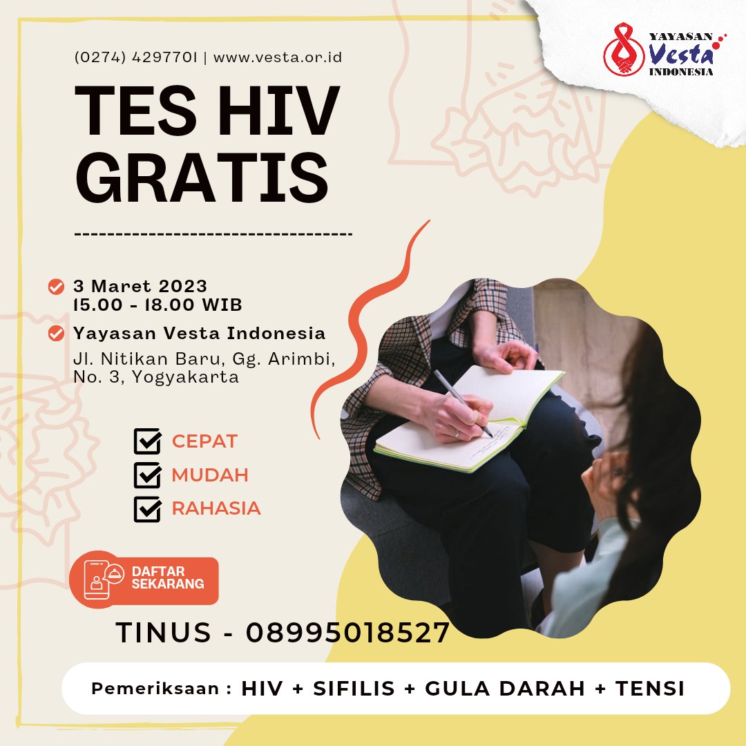 Jadwal Mobile Test HIV di Jogja, More Info bisa Japri saya di nomor yg tersedia
Tinus - 08995018527

Maaf yg DM, klo slow respon, krn tidak ada notif masuk 🙏

#HIV #tesHIV #Jogja #tesHiVjogja #puskesmas #kesehatan #Aids #remaja #mahasiswa #pijat #VCT