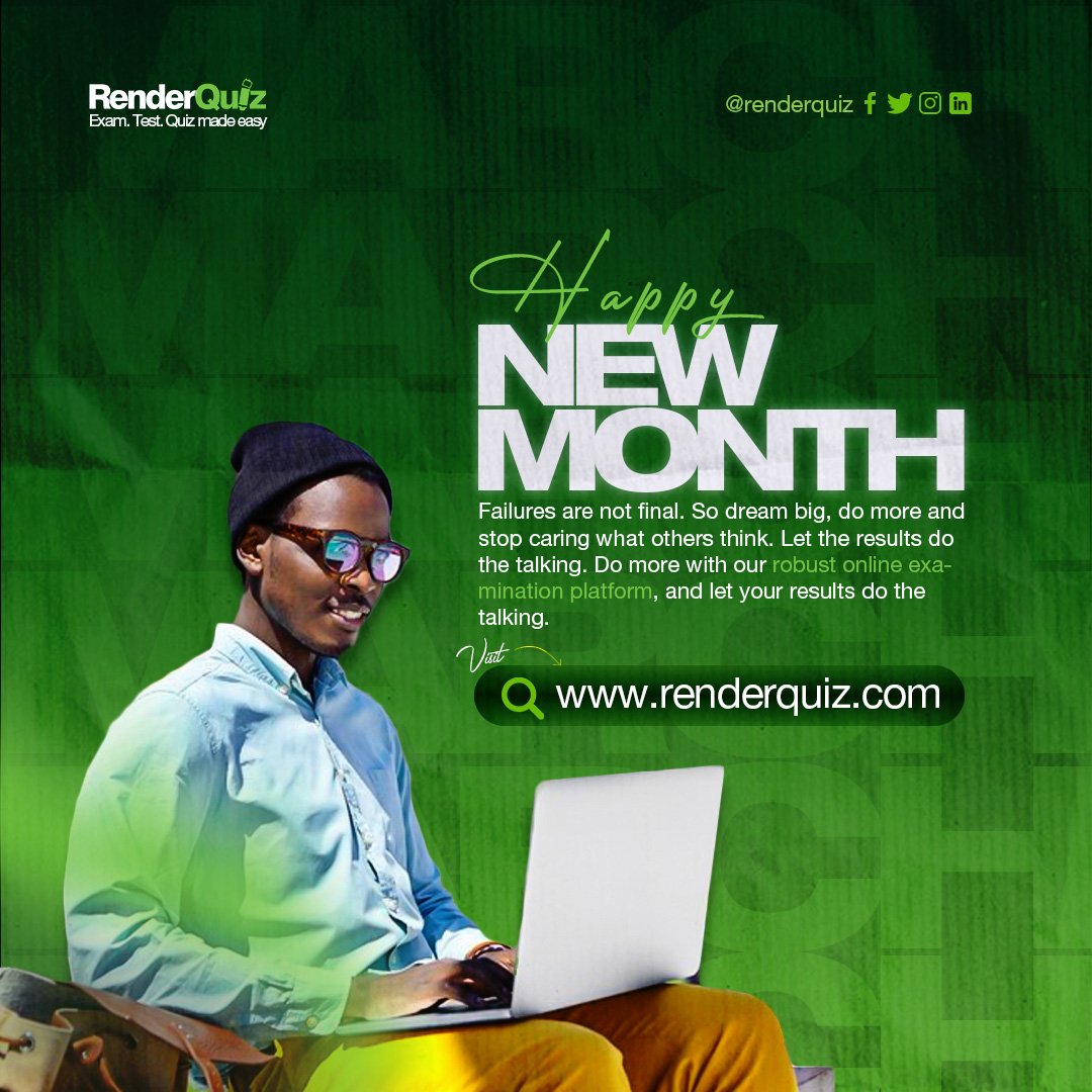 Renderquiz's tweet image. Happy New Month from Renderquiz.
Visit renderquiz.com to register and get started.

Let your results do the talking...

#March2023 #onlineexams #onlinetest #onlinequiz #recruitment #government #renderquiz #college #jamb #CBT