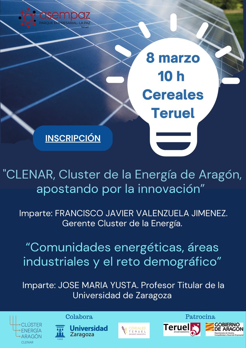 #Jornada #Teruel <a href="/Asempaz/">Asempaz</a> organiza el 8/3 una jornada que contará con la participación de <a href="/paco_valenzuela/">paco</a>, gerente de <a href="/aragonenergia/">Clúster de la Energía de Aragón (Clenar)</a> y <a href="/josemariayusta/">Jose Maria Yusta</a>, profesor de <a href="/unizar/">Universidad Zaragoza</a>, que hablará sobre las #comunidadesenergéticas.
👉 +info e inscripciones gratuitas: docs.google.com/forms/d/e/1FAI…