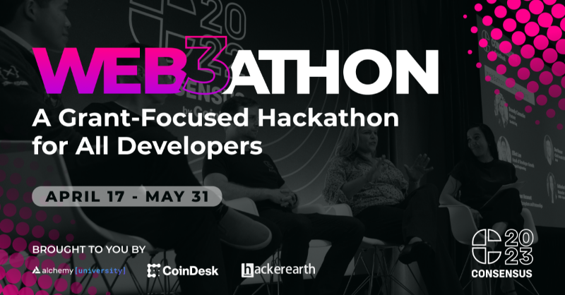 CoinDesk's tweet photo. If Web3 is going to transform the world of tech, it is going to need more talent.
 Web3athon 2023 is focused on bringing more developers into the blockchain space through partner grant programs awarding cash grants to winning teams.