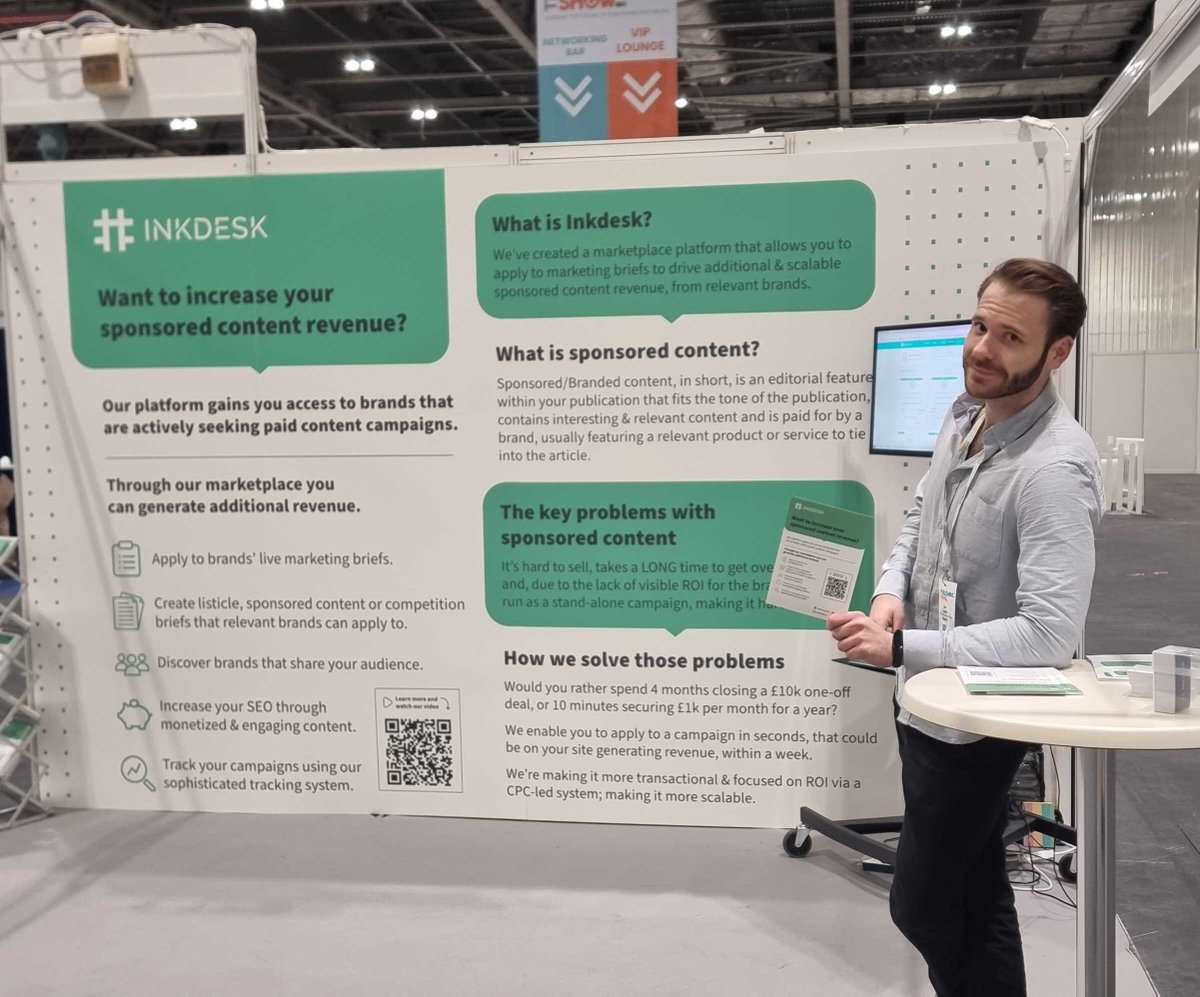InkdeskHQ's tweet photo. Today at the #Publishing Show, our sales director has taken the phrase 'publish or perish' to a whole new level by publishing his dapper looks for all to see.  We're considering rebranding him as our 'Director of Aesthetics. (He's not flexing. That's just how he looks.) https://t.co/sQKgVHul7C