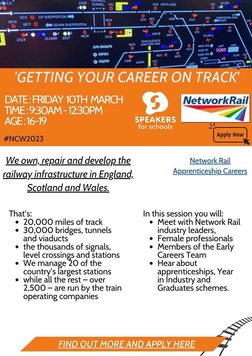 FREE virtual #workexperience insight day with @networkrail 10th March for students aged 16-19!

Applications close this week, register here...
speakersforschools.org/youth_opportun…
#careers #speakersforschools