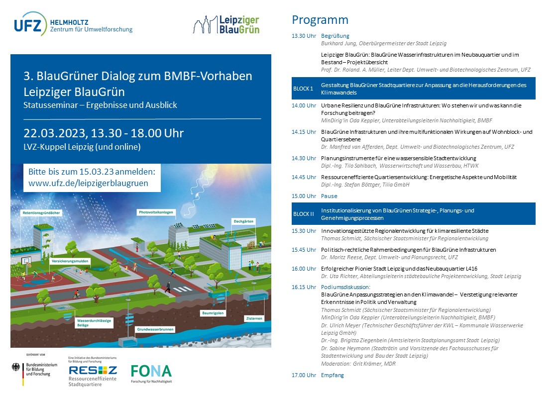 Zum Thema BlauGrüne Infrastrukturen veranstaltet <a href="/LBlaugrun/">Leipziger BlauGrün</a> am 22. März auch einen Dialog, zu dem mit kommunalen Akteuren und politisch Verantwortlichen Ergebnisse der #UFZ-Forschung und künftige Herausforderungen bzgl. Umsetzung diskutiert werden. ➡️ufz.de/leipzigerblaug…