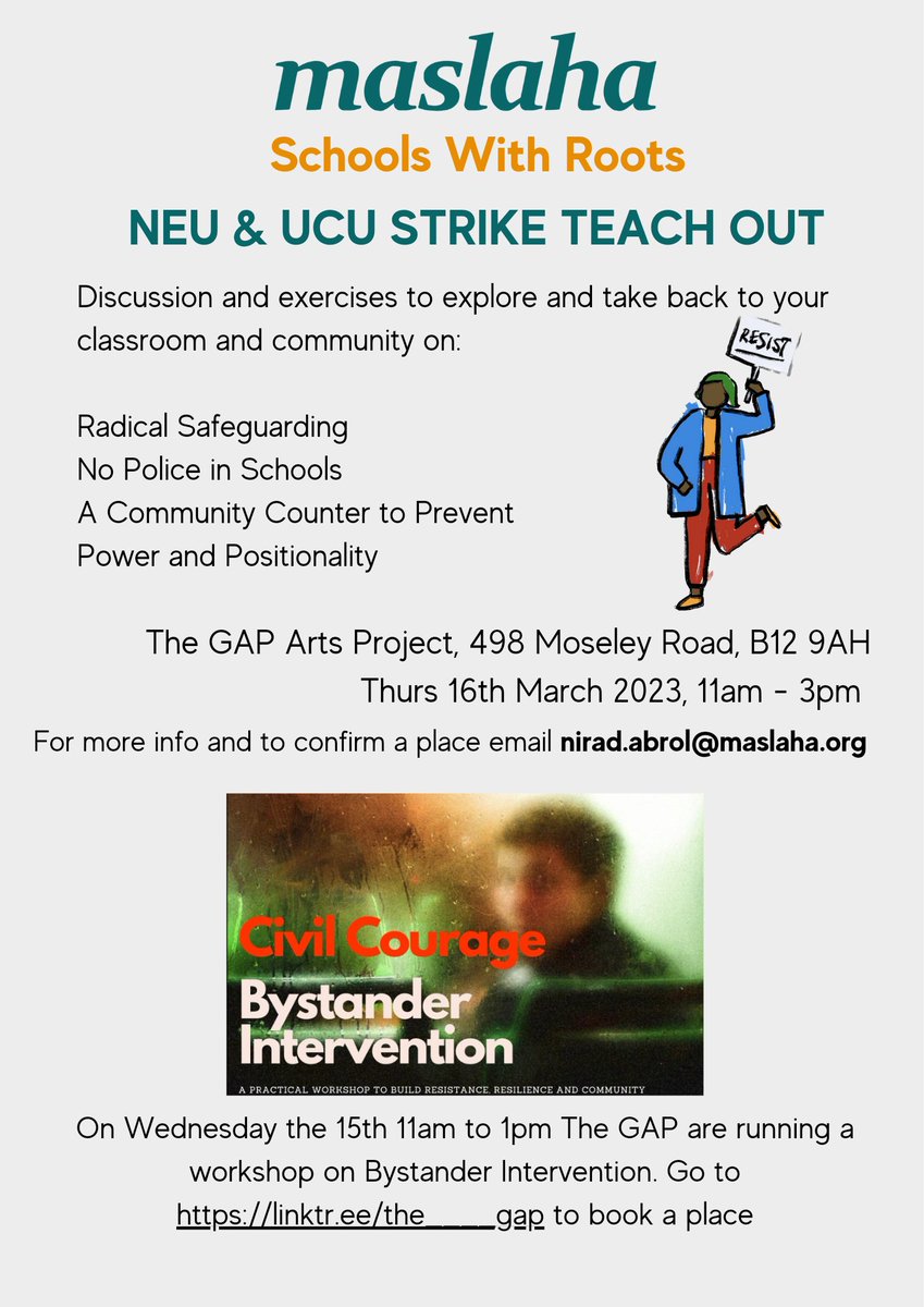 Maslaha (@maslaha) on Twitter photo Schools With Roots are hosting a teach out for striking teachers on Thursday the 16th March <a href="/The____GAP/">The GAP</a> in Balsall Heath, Birmingham from 11am - 3pm.
We welcome all with a passion for education for discussions & exercises to take back to your communities & classrooms. Schools With Roots are hosting a teach out for striking teachers on Thursday the 16th March <a href="/The____GAP/">The GAP</a> in Balsall Heath, Birmingham from 11am - 3pm.
We welcome all with a passion for education for discussions & exercises to take back to your communities & classrooms.