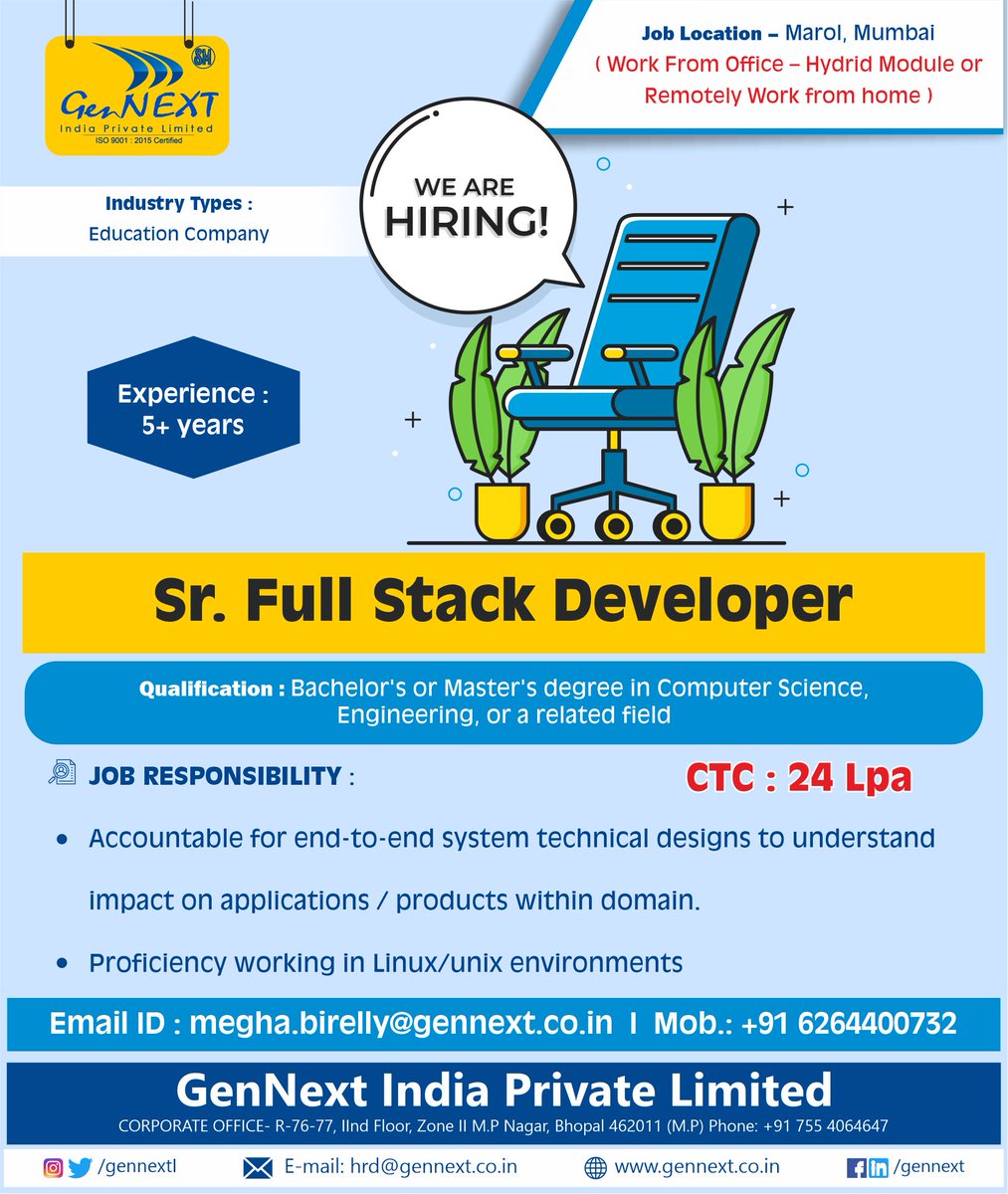 GennextL's tweet image. #urgent_hirings #seniorfullstackdeveloper #computerscience #engineering #developer #workfromhome #mumbai #experience #hiringalert
#hiringnow #employment #job #work #jobalerts #vacancyjob #gennext #gennexthiring #gennextjob #gennextindia
