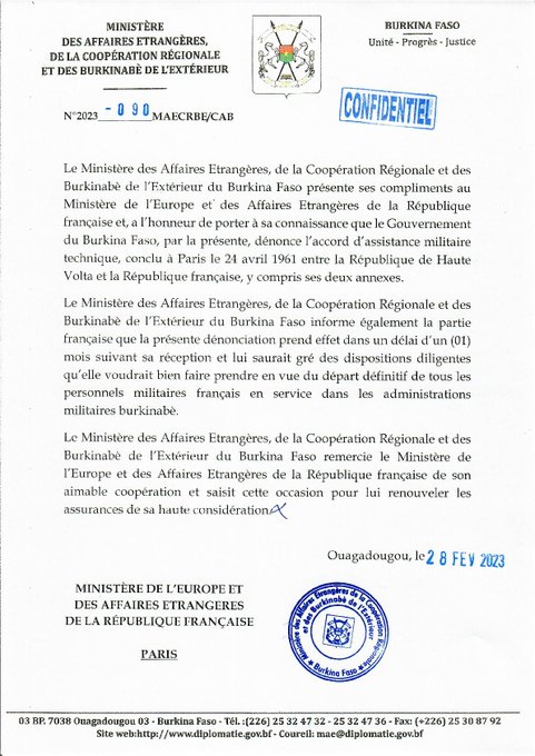 Burkina / Ouagadougou dénonce l'accord militaire de 1961 et donne un ultimatum aux Français