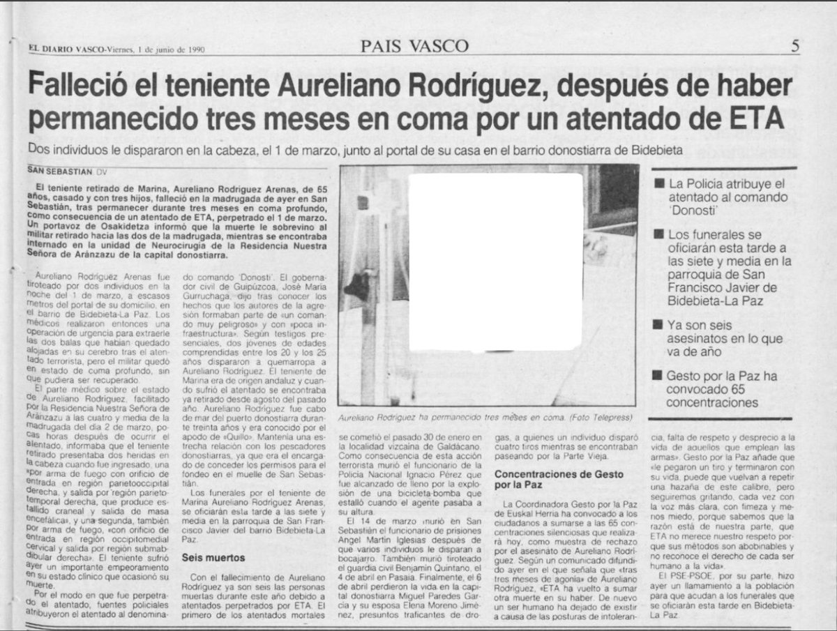 ConsuorF's tweet photo. #TalDiaComoHoy de 1990 dos #etarras en #SanSebastián dispararon en la cabeza del teniente de navío jubilado AURELIANO RODRÍGUEZ, estuvo en coma tres largos meses hasta que falleció el 31 de mayo. Seguro que algún CHIVATO tenía cerca.

También #Impune 

HILO ⤵️ https://t.co/g6Jt7M8ILl