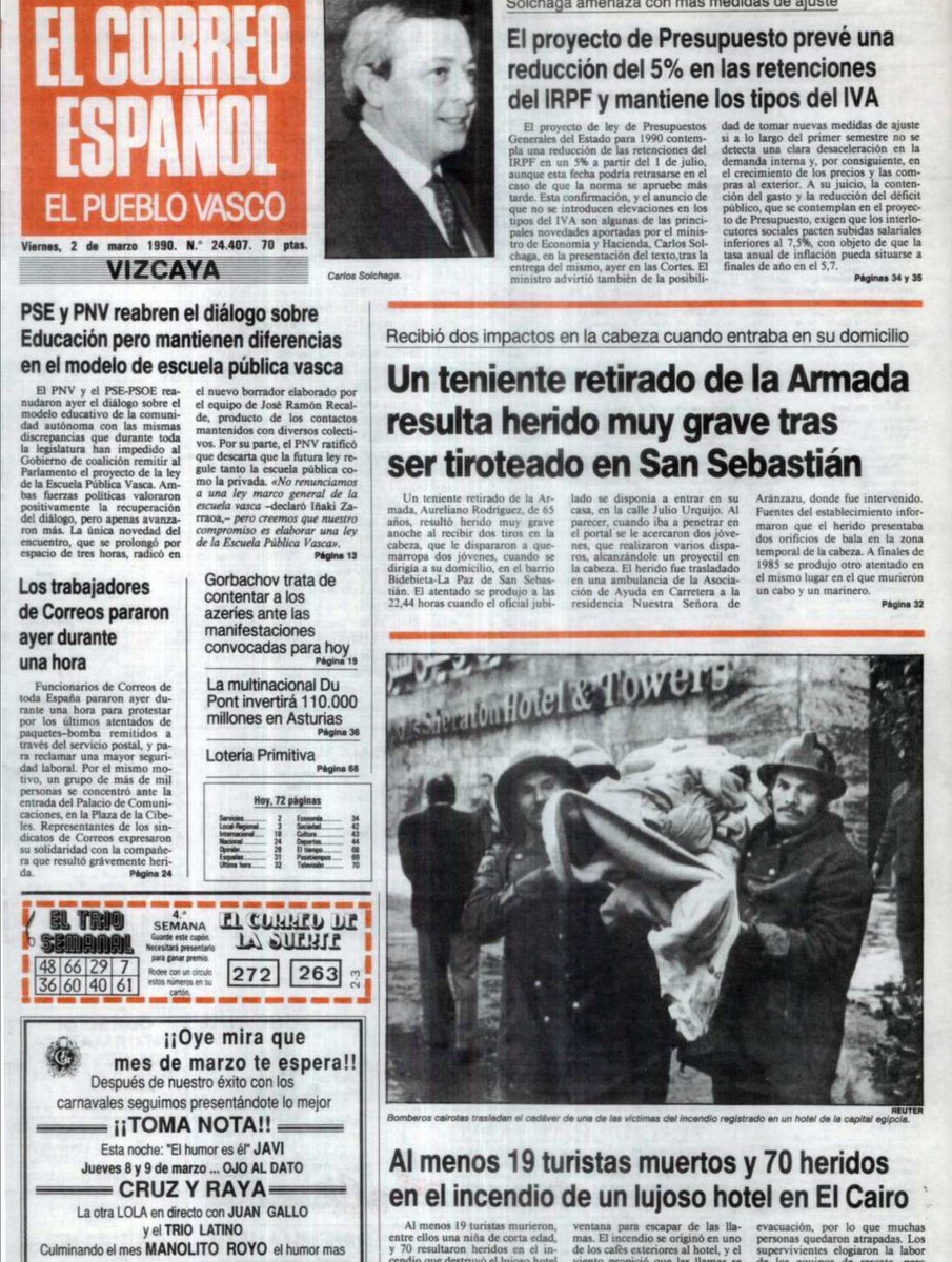 ConsuorF's tweet photo. #TalDiaComoHoy de 1990 dos #etarras en #SanSebastián dispararon en la cabeza del teniente de navío jubilado AURELIANO RODRÍGUEZ, estuvo en coma tres largos meses hasta que falleció el 31 de mayo. Seguro que algún CHIVATO tenía cerca.

También #Impune 

HILO ⤵️ https://t.co/g6Jt7M8ILl