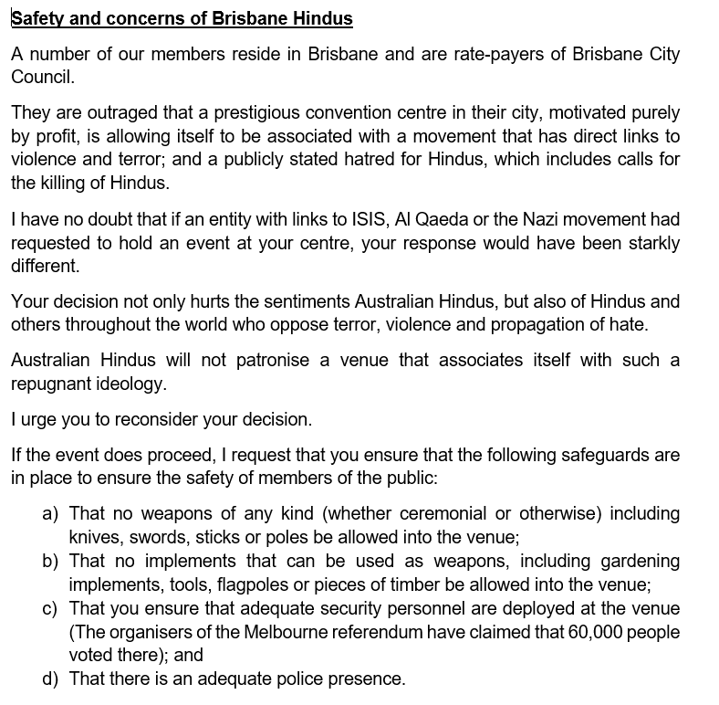 austhindu's tweet photo. AHA writes to @BCEC_Brisbane raising red flags about proposed SFJ event;documents links of Khalistanis with terror;Khalistanis have recently commenced a systematic campaign of intimidation,violence and property damage against Hindus &amp; Hindu and Indian institutions in Australia. https://t.co/mxKM9adegh