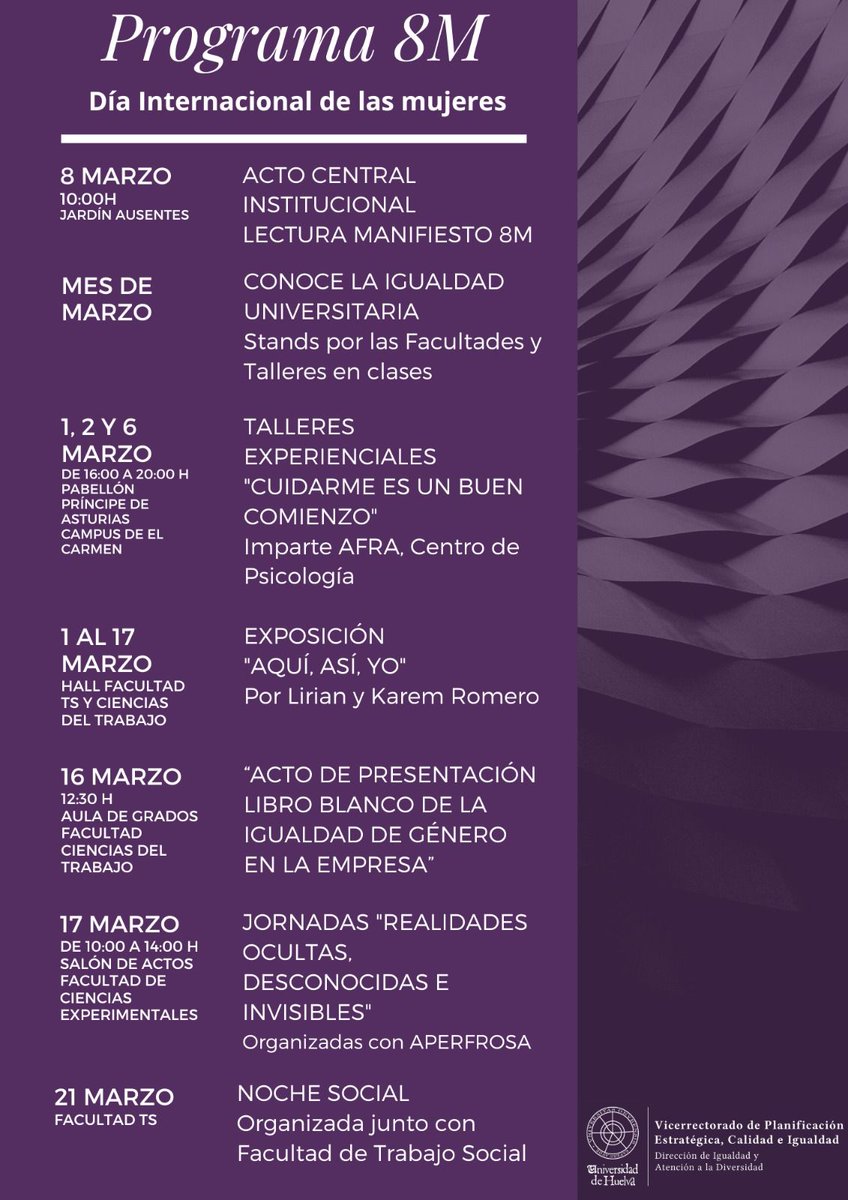 💜Programación #8M Día Internacional de las mujeres.

Durante todo el mes de marzo hay multitud actividades, talleres y actos.

Toda la información en el cartel👇
