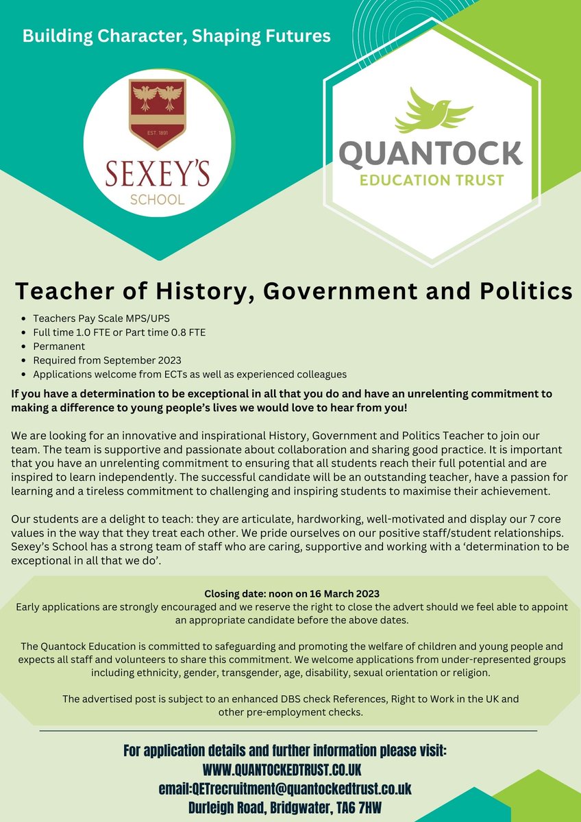 Do you know anyone looking for a History, Government and Politics teaching position? We have a new opportunity available to join our colleagues at 
@SexeysSchool. Please get in touch to find our more! 

#teachingjobs #somersetjobs #teachers #schooljobs