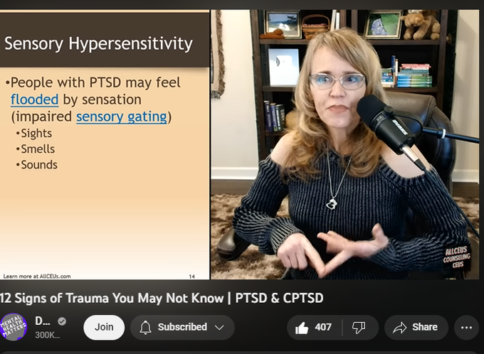 12 Signs of Trauma You May Not Know | PTSD & CPTSD
https://www.youtube.com/watch?v=UOk8t42lhQU
5,716 views  Premiered on 27 Feb 2023  #cognitivebehavioraltherapy #PTSD #trauma
12 Signs of Trauma You May Not Know | PTSD & CPTSD 

Dr. Dawn-Elise Snipes is a Licensed Professional Counselor and Qualified Clinical Supervisor.  She received her PhD in Mental Health Counseling from the University of Florida in 2002.  In addition to being a practicing clinician, she has provided training to counselors, social workers, nurses and case managers internationally since 2006 through AllCEUs.com 📢SUBSCRIBE and click the BELL to get notified when new videos are uploaded. 
If this video has helped you, please consider donating to support the channel Cashapp: 💲DocSnipes  Paypal: https://DocSnipes.com/Donate  YouTube:  DocSnipes.com/Join
💻 Online course based on this video can be found at 
https://AllCEUs.com Unlimited continuing education CEUs $59 
⭐ Specialty Certificate Programs and Masterclasses i