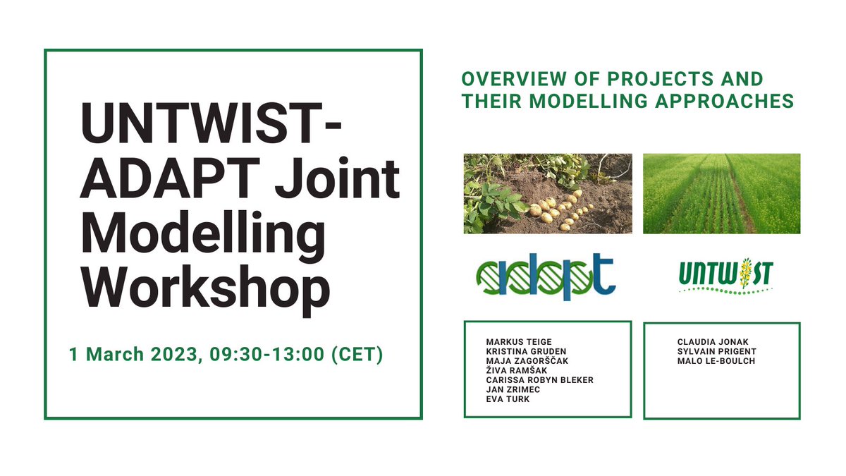 Today the Joint #Modelling workshop is taking place among <a href="/UNTWIST_H2020/">UNTWIST_H2020</a> &amp; <a href="/eu_adapt/">Horizon 2020-project-ADAPT</a>
 projects. 
👩‍🔬🧑‍🔬An overview of both projects and their #modelling approaches are being shared by partners. 

👏👏👏
Great experience exchanging knowledge. 

<a href="/REA_research/">European Research Executive Agency</a>
 <a href="/EUgreenresearch/">EU green research</a>