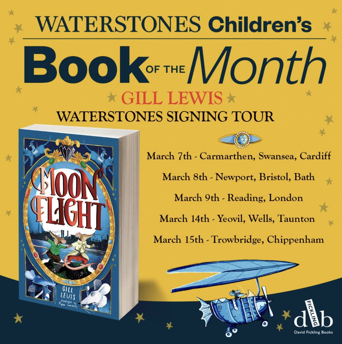 gill__lewis's tweet image. So excited to see Moonflight is 
@Waterstones @WaterstonesKids
 Book of the Month for March #WorldBookWeek #WorldBookDay2023 
An adventure of a timid rat on a quest to return a cursed and stolen diamond 
Published by @DFB_storyhouse
 and lavishly illustrated by 
@PippaCurnick