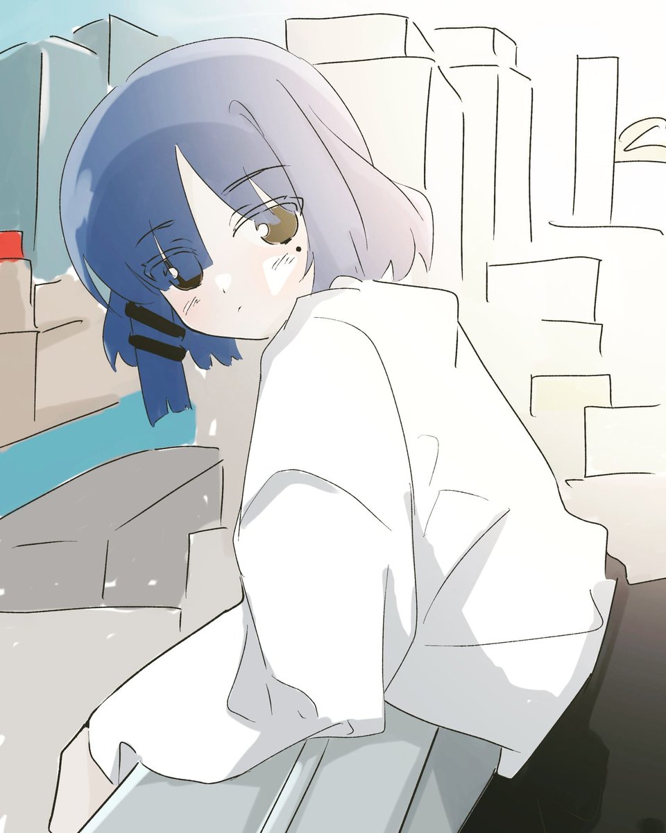 1girl solo shirt white shirt blue hair looking at viewer eyes visible through hair  illustration images