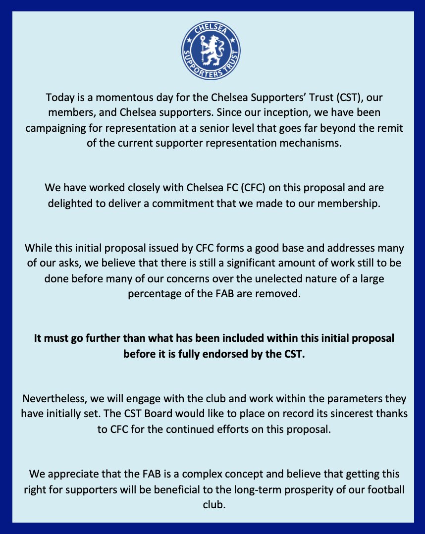 ChelseaSTrust's tweet photo. CST statement on Fan Advisory Board Proposal

#ChelseaFC https://t.co/q9568mQ5kv