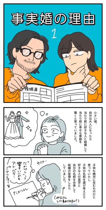 【事実婚の理由】1/5私、昨年結婚したんですけど、事実婚を選びました。よく理由を聞かれるので、漫画で紹介しますね選択的夫婦別姓の話が出てきますが決して現在の婚姻制度をどうにかしてほしいって主旨の漫画ではないですいまの私たちにとって、ベストな夫婦の形を紹介する漫画です 