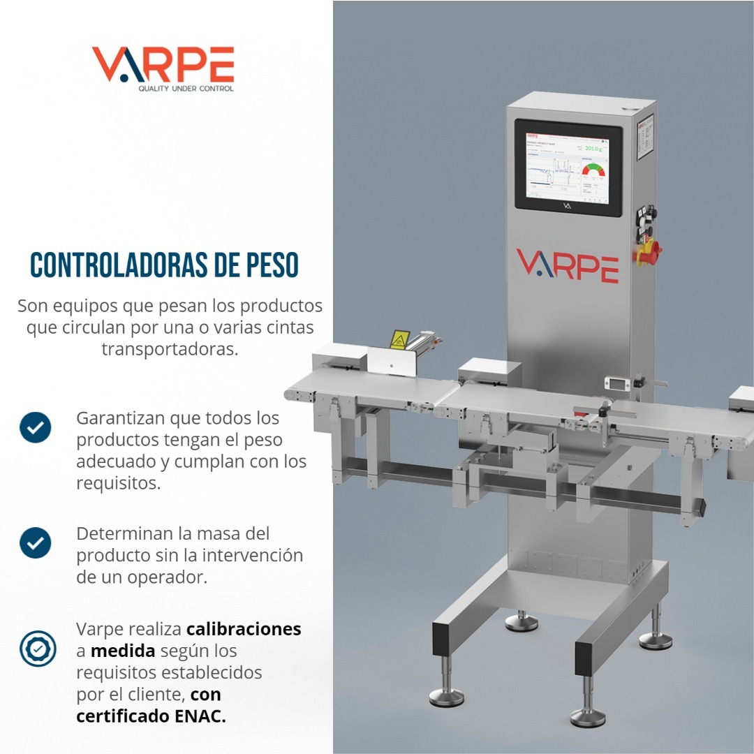 Varpe_Quality's tweet image. Varpe checkweighers weigh the products moving along one or more conveyor belts. We carry out customised calibrations according to the requirements established by the customer, with ENAC certification.

#weightcontrol 
#guarantee #determiningmass #ENAC