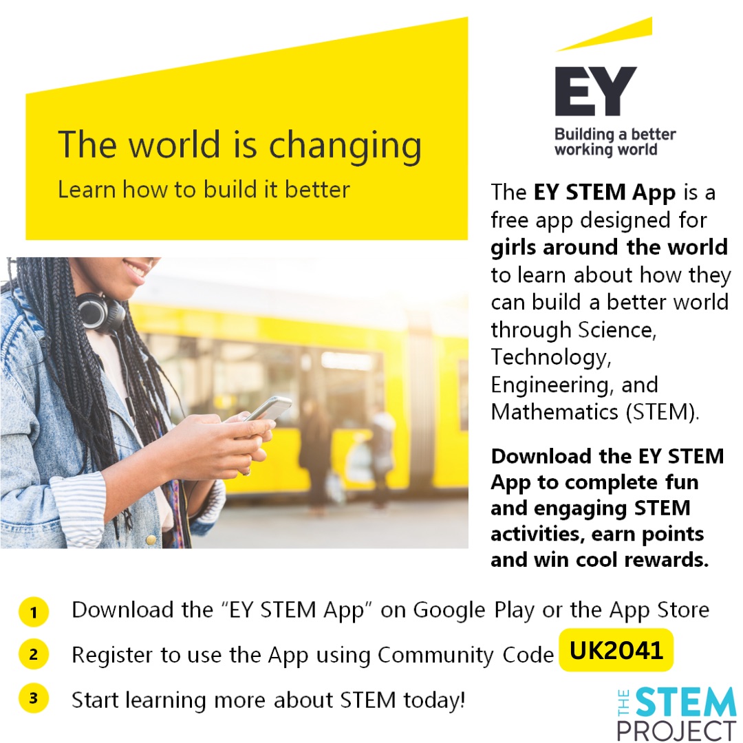 TheSTEMProject3's tweet image. EY has launched a new free educational STEM app to inspire the next generation. 10,000 free licenses are available for girls affiliated with STEM Project in the UK. 

Download the “EY STEM App” now using the code UK2041

#STEM #STEAM #TheSTEMProject #STEMEducation #EYSTEMapp #EY