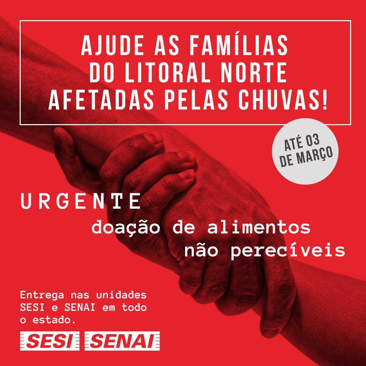 SesiSaoPaulo's tweet photo. Estamos priorizando a arrecadação de alimentos não perecíveis. 

A Fiesp, Sesi-SP e Senai-SP estarão arrecadando donativos até 03/03, para destinar para as famílias afetadas.

Venha até o edifício sede da Fiesp (Av. Paulista,1313) e faça a sua doação. https://t.co/QMkFi7LKuA