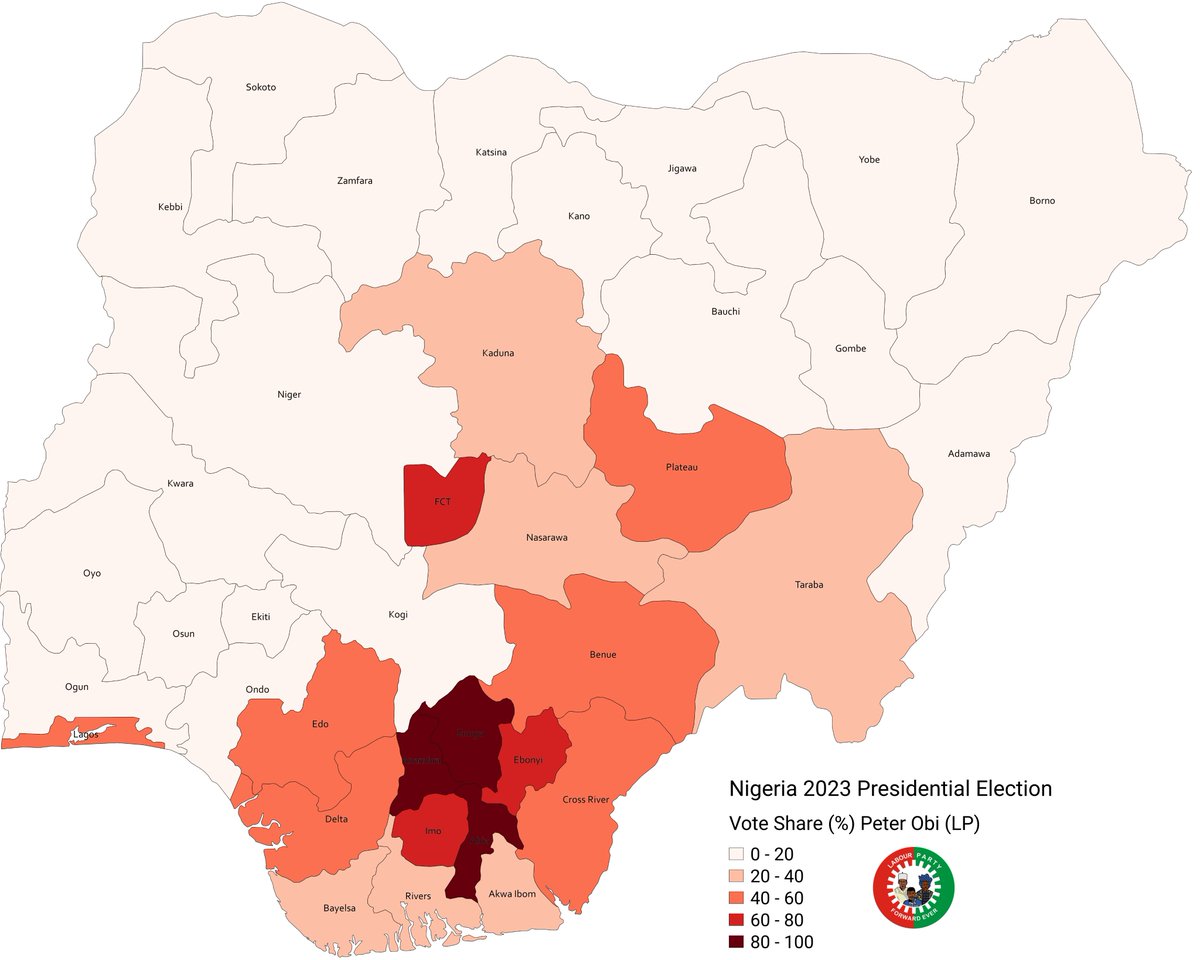 Some new maps visualizing state-level vote shares of the three main presidential candidates in #NigeriaElection2023.

No obvious North-South APC-PDP Divide anymore, Strong southern Bias for <a href="/PeterObi/">Peter Obi</a>, though.

#2023GeneralElections  #INECElectionResult #NigeriaDecides2023
