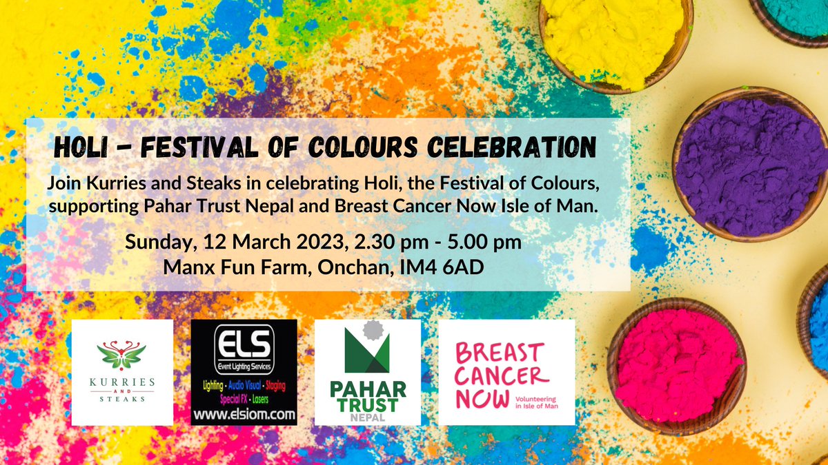 Join us to celebrate #Holi2023 in the #isleofman of Man on Sunday 12th March with <a href="/kurriesandsteak/">kurriesandsteaks</a> and Breast Cancer Now Volunteering. Delicious Indian street food and traditional brightly coloured powders are included with every ticket🌈🇮🇲

To book visit: bit.ly/3kx3AoP