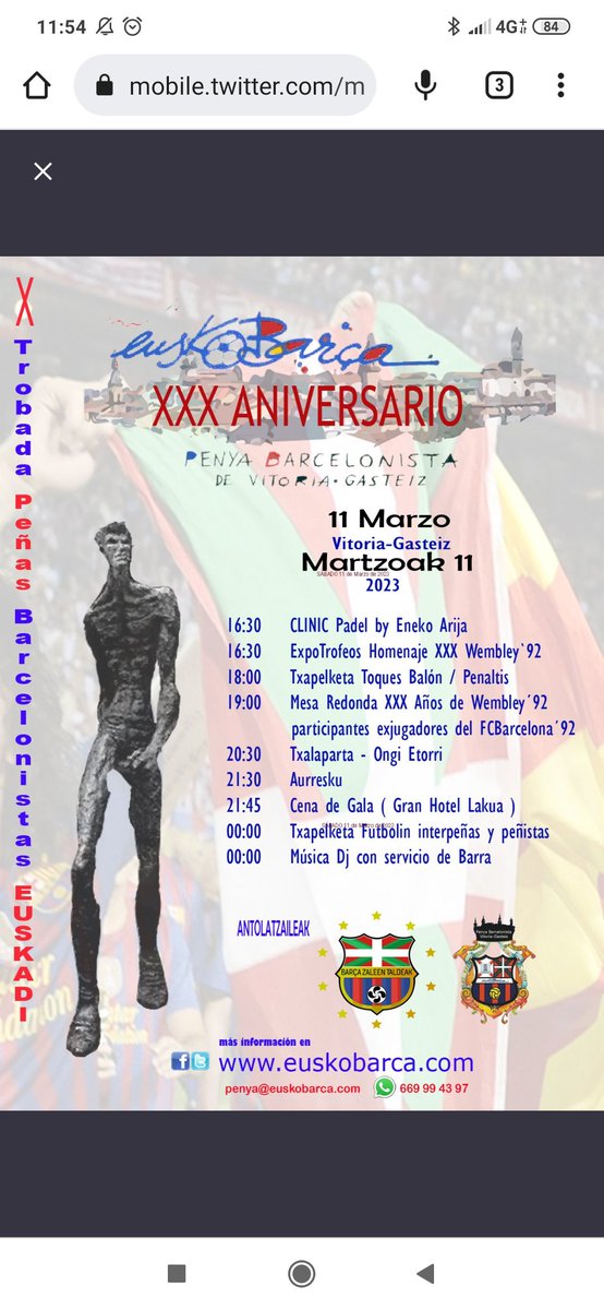 Vitoriacule's tweet photo. Este 11 de Marzo se celebra el 30 aniversario de la penya EuskoBarça,la penya Barcelonista de Vitoria - Gasteiz

Siempre fomentando el BARCELONISMO por todo Euskadi

Celebran un montón de actividades,aquí las teneis

SE AGRADECE UN MONTON UN RT,SE LO MERECEN

GRANDES @euskobarca https://t.co/6sMHUNQ1R1