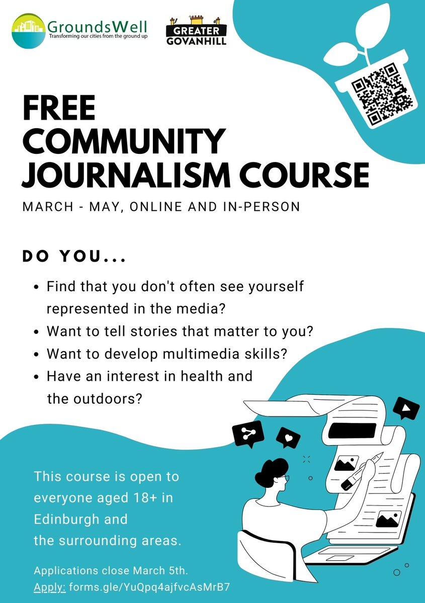 GroundsWell Consortium (@groundswellcon) on Twitter photo A few days left to apply for our FREE community journalism course in Edinburgh with <a href="/Govanhill_mag/">🦋 @greatergovanhill.com on BlueSky 🦋</a>. This is a great opportunity to develop multimedia skills and learn more about the outdoors & health.
Applications close March 5th, more info & apply here: forms.gle/YuQpq4ajfvcAsM… A few days left to apply for our FREE community journalism course in Edinburgh with <a href="/Govanhill_mag/">🦋 @greatergovanhill.com on BlueSky 🦋</a>. This is a great opportunity to develop multimedia skills and learn more about the outdoors & health.
Applications close March 5th, more info & apply here: forms.gle/YuQpq4ajfvcAsM…