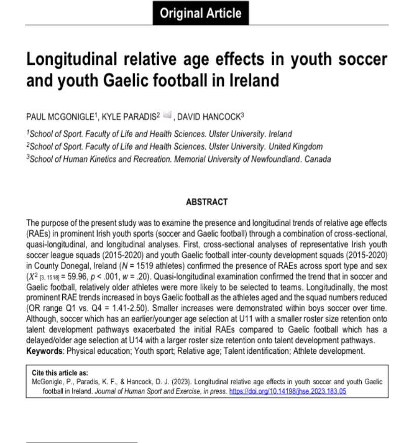 KyleParadis's tweet image. Congrats @McgoniglePaul on getting your @UlsterSchSport MSc published on tracking the longitudinal trends of the relative age effect in Irish youth soccer and youth Gaelic football @officialgaa @donegalgaa @ProfHancockMUN jhse.ua.es/article/view/a…