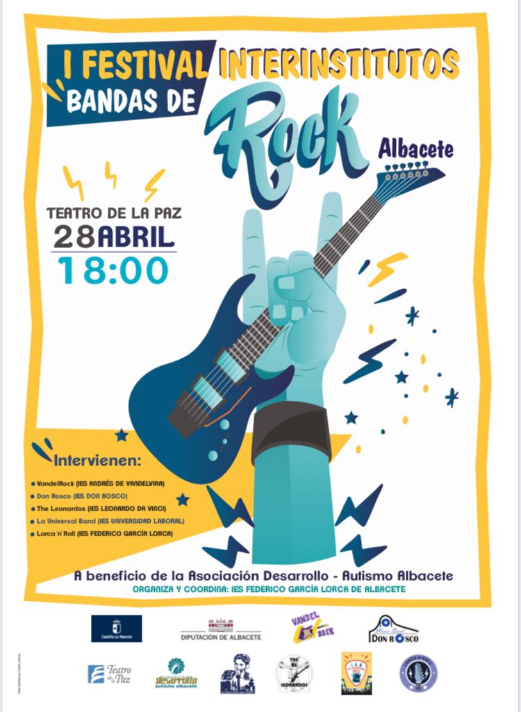 Festival Interinstitutos de Bandas de #Rock 🤘🤘🤘🤘🤘🤘🤘🤘🤘
📢 28 Abril 
18.00 horas en el Teatro de la Paz
🎸🎸🎸🎸🎸🎸🎸🎸🎸🎸🎸🎸🎸
@02000738 <a href="/IesGarciaLorca/">IES LORCA ALBACETE</a>
<a href="/IESLDV_AB/">Leonardo Da Vinci AB</a> <a href="/IESUNIALBACETE/">IES UNI ALBACETE</a>
<a href="/IES_DONBOSCO_AB/">IES DON BOSCO (ALBACETE)</a> 
A beneficio de <a href="/Asoc_Desarrollo/">Autismo Albacete</a>