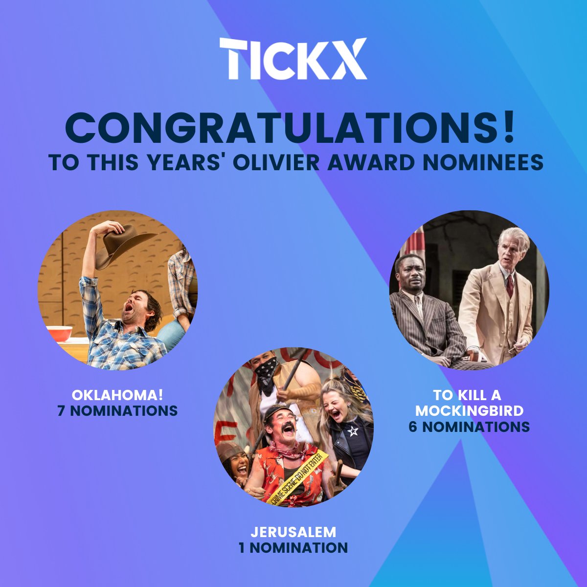 Congratulations to all of this year’s Olivier Award nominations 👏

Fantastic to see some of our incredible clients nominated, <a href="/OklahomaWestEnd/">Oklahoma West End</a> , <a href="/MockingbirdUK/">To Kill A Mockingbird UK</a>  and <a href="/JerusalemPlay/">Jerusalem The Play</a> 🎉

officiallondontheatre.com/olivier-awards…