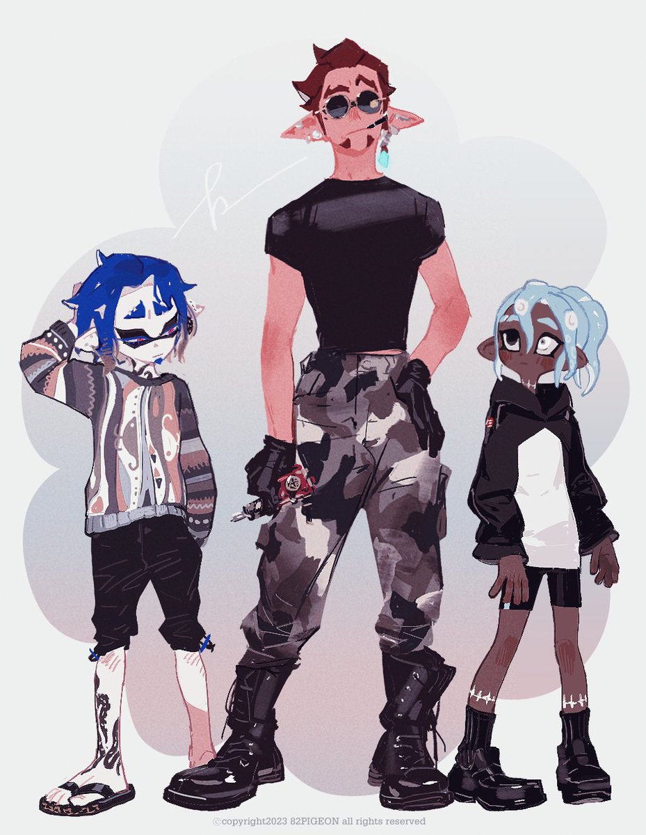 multiple boys pointy ears camouflage blue hair dark skin sunglasses hoodie  illustration images