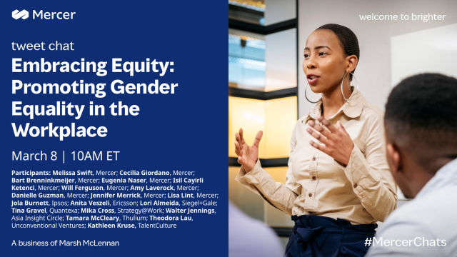 How can employers #EmbraceEquity for #IWD2023 and beyond? Don't miss our upcoming #MercerChats with @PSB_DC, @Kkruse, @MESwift, @Ceci_1974, @EugeniaNaser, @BartBrenninkmeijer, @iSilket, @Will_H_Ferguson, @Amy_Laverock and others to find out. bit.ly/3mejmFo