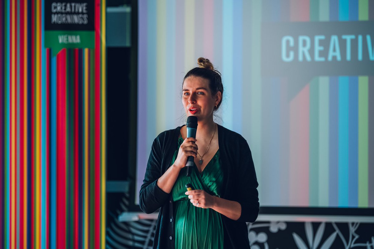 Our host Sandra Ulrich at our last CreativeMornings Event with <a href="/AliMahlodji/">Ali Mahlodji • Business Humanist</a> at @talentgardenat