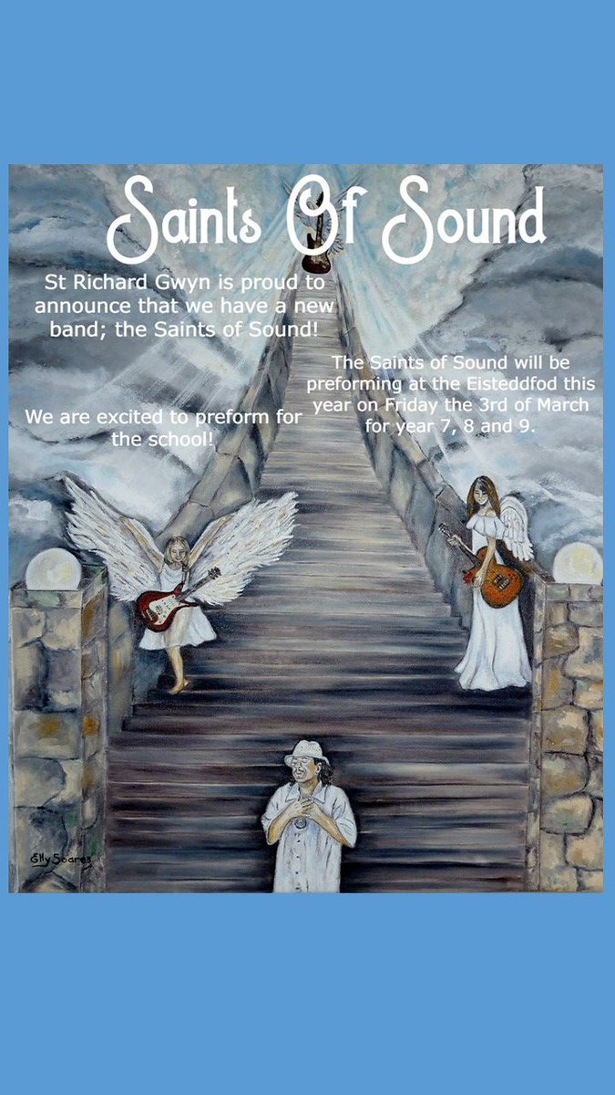 Look at these brilliant posters produced by the Lunchtime Arts club advertising the first ever performance from our new SRG band at Friday's Eisteddfod. They have been practicing with Mr Bradley Hughes and Mrs Harrison and sound super! <a href="/srgchs/">St Richard Gwyn Catholic High School</a> <a href="/WG_Education/">Welsh Government Education</a> #welshmusic #culture