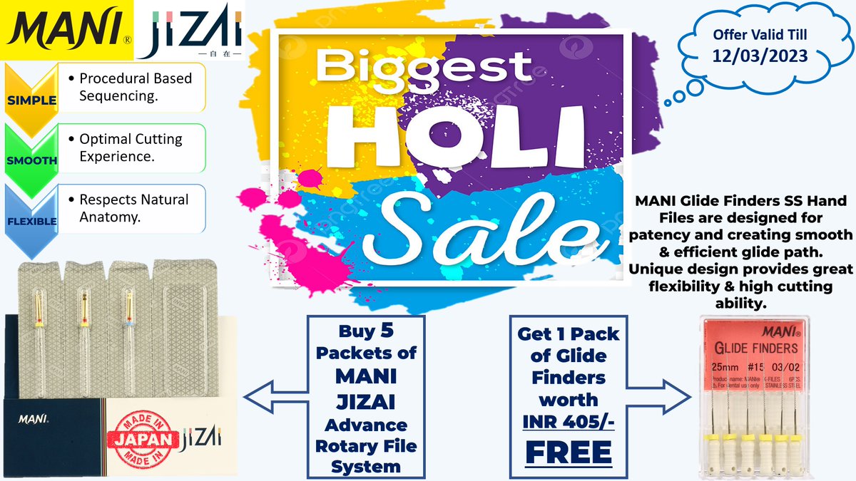 ManiMedicalInd's tweet photo. #celebrate the #festivalofcolors without worrying about #successful &amp; #painfree #rootcanaltreatment.
MANI #holisale
Buy 5 packs of MANI JIZAI - Advance Rotary File System &amp; get 1 Pack of Glide Finders #FREEEEEEEE!!!
So grab your phones and place your orders before the offer ends. https://t.co/OZVEk1I9la