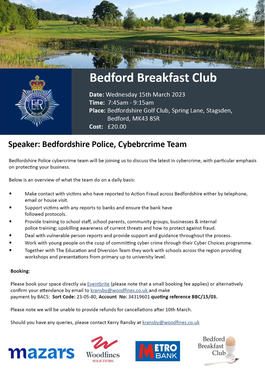 Join us for this month's #Bedford #Breakfast Club when we will be joined by the #cybercrime team at Bedfordshire Police who will be talking to us about the latest scams, with particular focus on protecting your #business. Book your space directly here: lnkd.in/egu2Bpdg