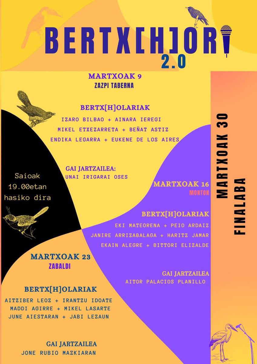 Adi!

Hemen duzue Bertx[H]ori 2.0🐥📣

Iritsi dira txoriak Iruñera eta laister hasiko dute hegaldia alde zaharreko karriketan. Lagunduko diegu hegaldia behar den moduan hasten? Zabaldu!🐥📣

Badator Bertx[H]ori!!!!😊🔥