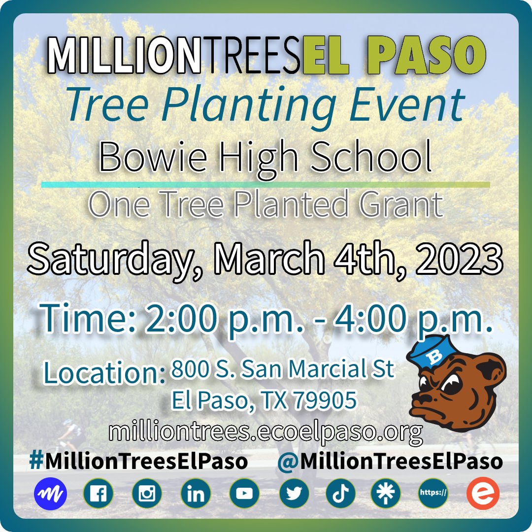 #MidWeek #Reminder #ecoevent 
🌳
Tree Planting Event - Bowie High School - One Tree Planted Grant
📅
Saturday, March 4, 2023 from 2 p.m. to 4 p.m. 
☀️
Volunteer RSVP: volunteer.ecoelpaso.org
⛏️
#EcoElPaso #MillionTreesEP #MillionTreesElPaso #OneTreePlanted