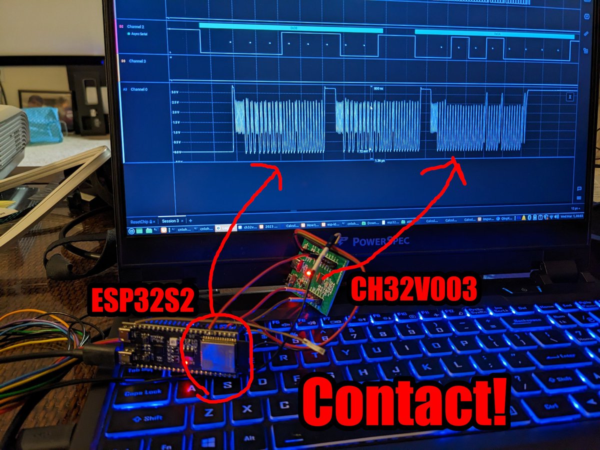 cnlohr's tweet image. Contact, between my #esp32s2 and my #ch32v003 over the single-wire-debug interface. And the ESP didn&apos;t skip a USB heartbeat!