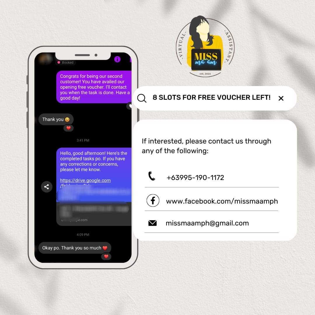 MissMaamPH's tweet image. 1 task down, 9 more FREE services to go. But we only have 8 SLOTS left. Don&apos;t miss your chance! Rest yourself from academic works and book a project with us.

Limited offer only.

#VirtualTutor #MissMaamPH