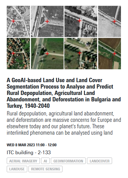 Join us for the <a href="/FacultyITC/">Faculty ITC | University of Twente</a> #GeoAI #Community event on revisiting historical #aerial and #satellite imagery for detecting #longterm #landuse #landcover changes! Talk by Dr. Kabadayi  <a href="/kocuniversity/">Koç Üniversitesi</a>, 8 March  11:00 👉itc.nl/big-geodata/ev… @LibITC <a href="/utwentedcc/">@University of Twente - Digital Competence Centre</a> <a href="/UTwente/">University of Twente (inactive)</a> <a href="/ITCAlumni/">ITC Alumni (inactive)</a>