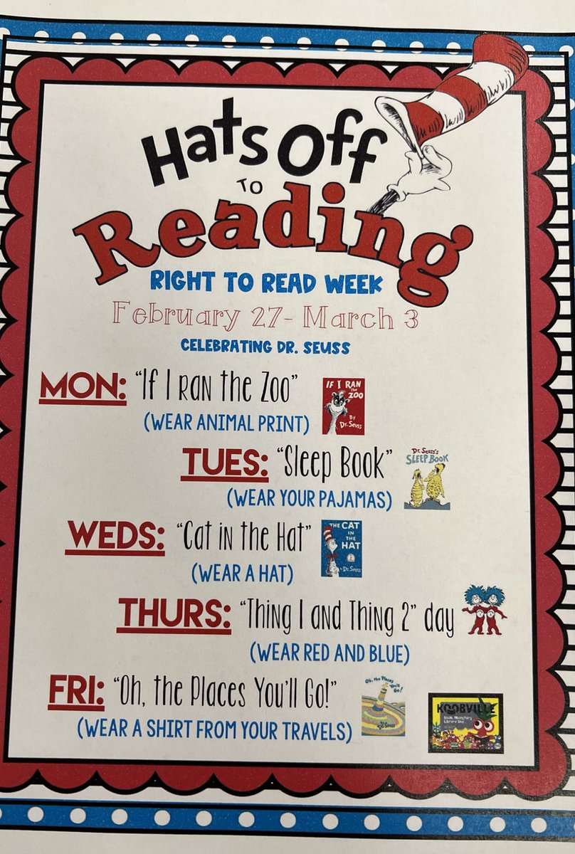 awlsmo's tweet image. It’s hat 🎩 🧢 👒 day! Wear your favorite hat today as we continue #righttoreadweek celebrating “The Cat In the Hat.” #hatday