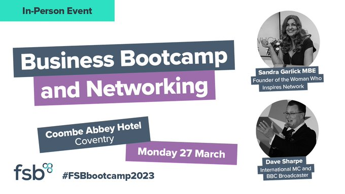 Our FSB Bootcamp event is returning to @CoombeAbbey this month. Attend this FREE and interactive event to hear 101 tips on business growth for 2023 from our expert speakers and hosts. Exhibition stands also available. Open to FSB members & non-members fsb.org.uk/event-calendar…